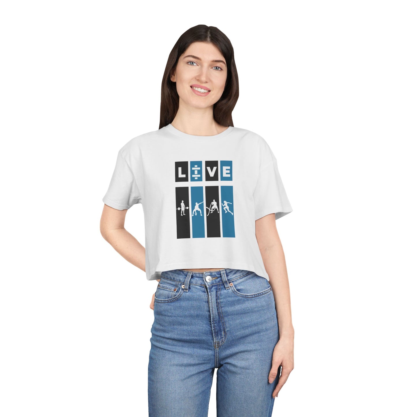 LIVE Fitness Women's Crop Tee, Workout Top, Athletic Wear, Casual Crop Shirt, Gym Apparel, Inspirational Tee